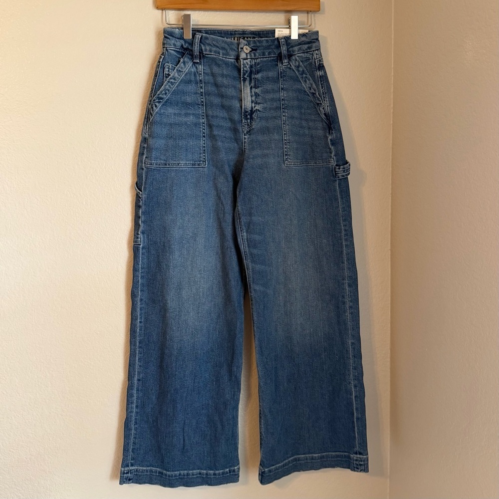 NWT, American Eagle Women’s Curvy Super High Rise Baggy Wide Leg Denim Jeans, 4S - Picture 1 of 11